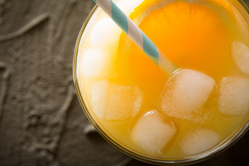 Orange juice in glass with mint, fresh fruits. selective focus,
