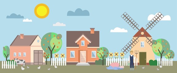 Farm animals and a farmer on the background buildings. Vector illustration.