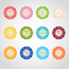 Zodiac signs icons. Colorful decorative elements for design, edited in vector. Astrological symbols, circle flower frames