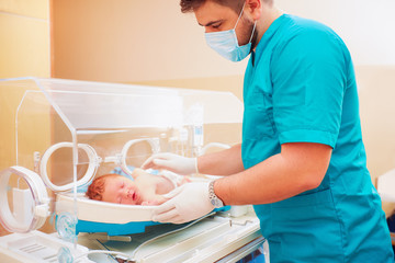 medical staff taking care of newborn baby in infant incubator - obrazy, fototapety, plakaty