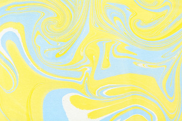 Yellow liquid ink. Creative artistic design. Ebru abstract illustration. Marbling texture. Decorative background. Flowing acrylic paints. Ebru art. Traditional Turkish technique.
