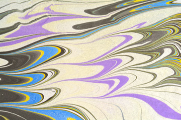 Watercolour stains, abstract background on paper, aqua print artistic effect. Cover design suminagashi art. Blue ink texture. Hand drawn marbling illustration technique.