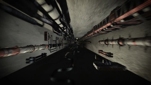 Seamless looping 3D animation of a dark tunnel with rusty pipelines