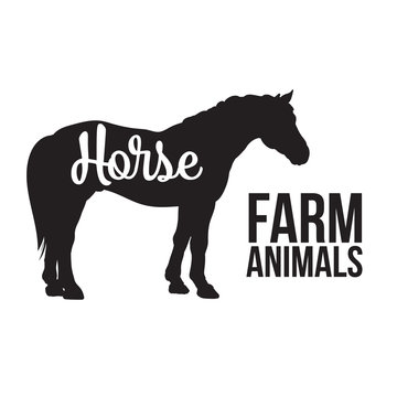 Black contour horse farm animal with a white lettering  inscription inside, Logo horse vector animal, outline for product, vector illustration contour farming horse with lettering on the mutton meat