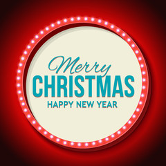 Night 3D sign neon lights with the words Merry Christmas. Retro frame with lights and empty place for your text. Vintage billboard on the night sky. illustration