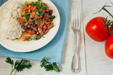 Prepared beans and rice with vegetables