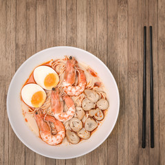 Spicy Tom Yum Goong, Creamy Shrimp Ramen with egg and mushroom o