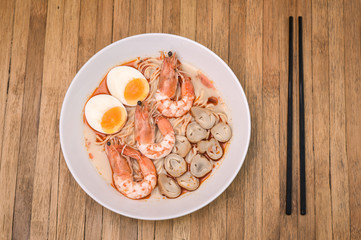 Spicy Tom Yum Goong, Creamy Shrimp Ramen with egg and mushroom o
