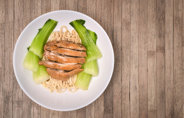 Ramen with chicken teriyaki and Bok Choy, Pak Choi Cabbage on wo