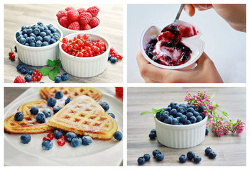 Fresh berries: blueberry, raspberry and red currant. Blueberry yogurt, waffles. Collage set of cooking recipes ideas with blueberries