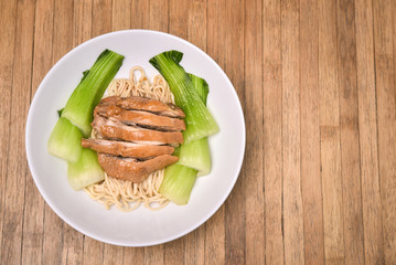 Ramen with chicken teriyaki and Bok Choy, Pak Choi Cabbage on wo