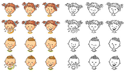 Set of boy and girl faces with different emotions