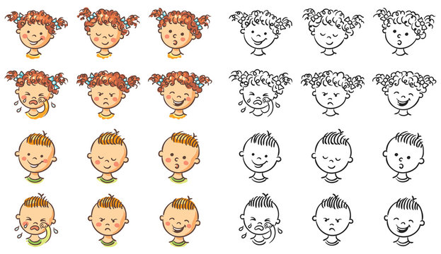 Set of boy and girl faces with different emotions