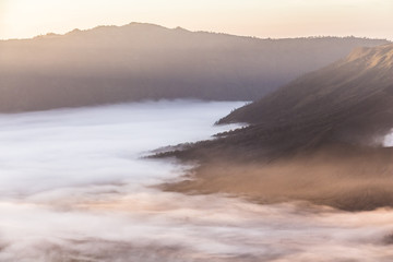 Mount Bromo landscape at sunrise with clouds