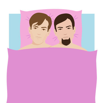 gay couple together in bed. isolated on white background