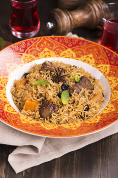Pilaf in a colorful plate