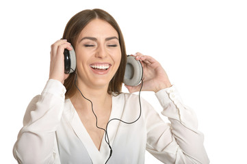 Girl listening  music in headphones.