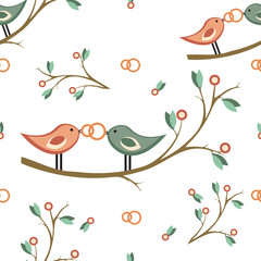 cute vector wedding seamless pattern. seamless pattern with pair of birds on a branch, wedding rings. For wedding decoration, invitation, card, fabric, paper or web.  