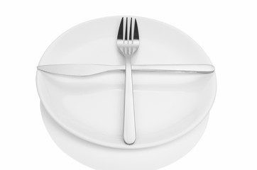 Dining etiquette - wait new dish or ready for second plate. Fork and knife signals with location of cutlery set. Photo illustration isolated on white background