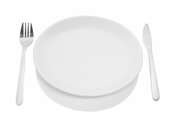 Dining etiquette, forks and knifes signals with location of cutlery set. Photo illustration isolated on white background with copy space.