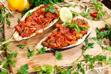 Cooked Eggplant and stuffed with vegetables.