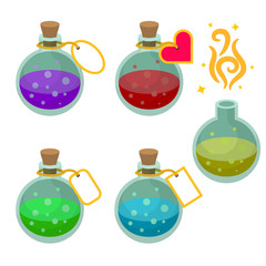 Magic potion bottles with tags. Set of game asset potions with different liquids.