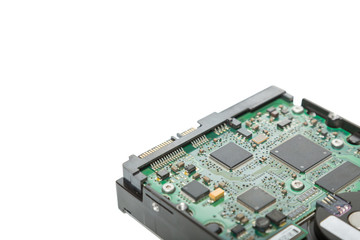 Close up circuit of harddisk drive isolated on white