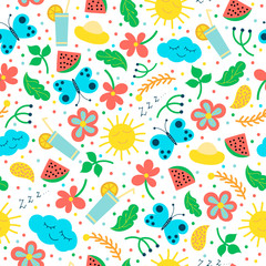 Seamless pattern with hand drawn objects: sun, cloud, flowers, leaves, cocktail, butterfly.