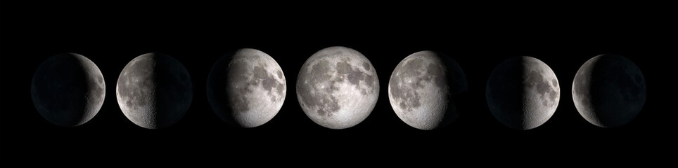 Moon phases collage isolated on black