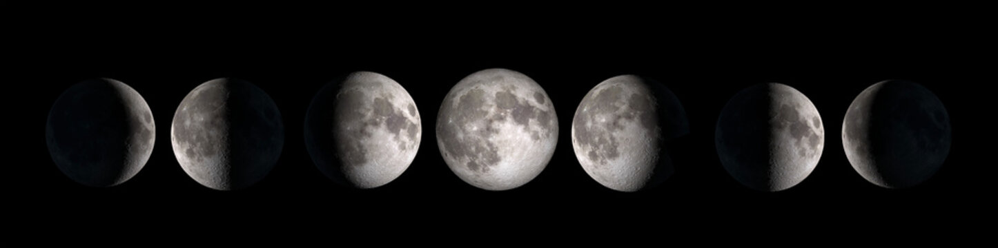 Moon phases collage isolated on black