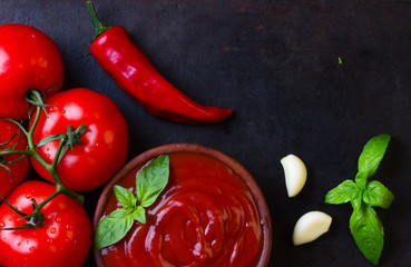 Tomato sauce salsa and ingredients, dark stone background. Top view