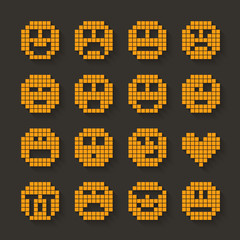 Flat pixel smile icons set with shadow effect.