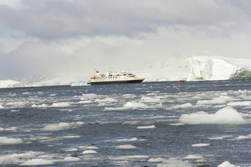 Cruise ship in icy Antarctica waters