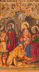 Fototapeta na wymiar AVILA, SPAIN, APRIL - 18, 2016: The paintig of The Three Magi on the main altar of Catedral de Cristo Salvador by Juan de Borgona (1512).
