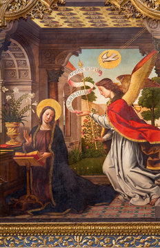 AVILA, SPAIN, APRIL - 18, 2016: The paintig of The Annunciation on the main altar of Catedral de Cristo Salvador by Juan de Borgona (1512).