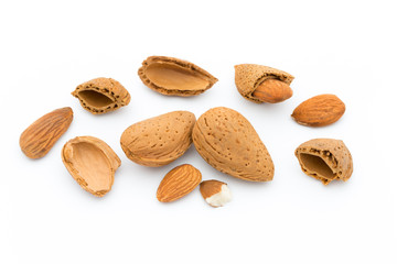 Group of almond nuts. Isolated on a white background.