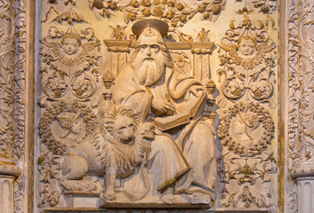 Fototapeta na wymiar AVILA, SPAIN, APRIL - 18, 2016: The relief of St. Mark the Evangelist in Girola of Catedral de Cristo Salvador.