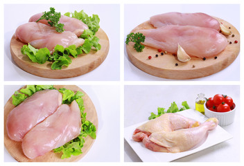 Collage set of meat, Raw chicken breast fillets , chicken drumsticks chicken decorated with salad on wooden cutting board. Diet food, healthy lifestyle