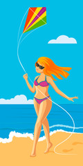 Girl with a kite on the beach
