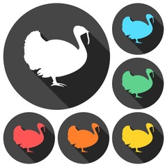Turkey silhouette icons set with long shadow