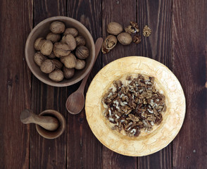 walnuts on the wooden table flat lay
