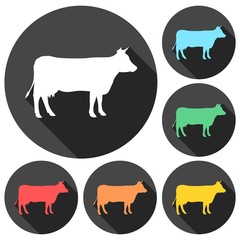 Cow silhouette icons set with long shadow