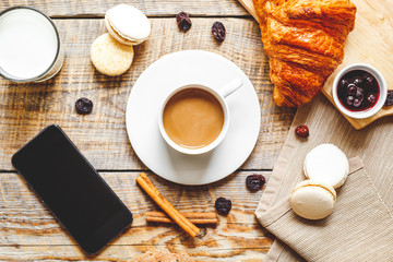 breakfast at home on wooden table with cup of  coffee