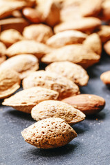 Dry salted almonds in the shell on a dark background, selective