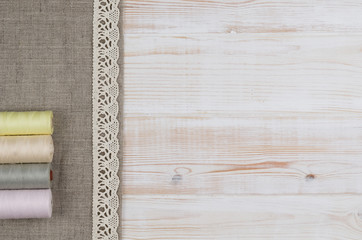 Concept image of sewing accessories. Image taken from above, top view. Background for creative fashion blog, concept or advertising.