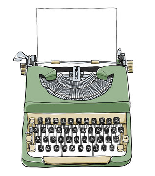 green british typewriter with paper  cute art illustration