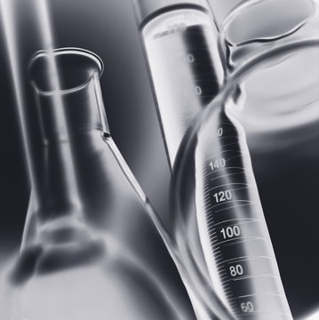 Volumetric laboratory glassware used in a chemistry lab, close-up