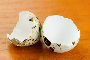 broken mottled egg on a wooden surface