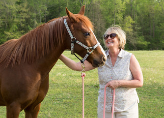 older Arabian brown and white mature horse in pasture with  happy woman petting mane