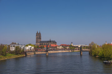 Fototapeta premium View on Magdeburg city and Elbe in Spring, Magdeburg, Germany